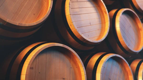 Wein, Whiskey, Rum, Bier, Fässer Backgorund. Alkoholisches Getränk in Holzfässern wie Wein, Cognac, Rum, Brandy, 3D-Illustration — Stockfoto