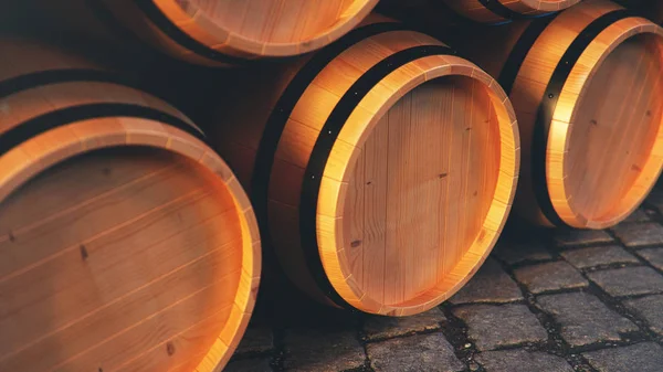 Wine, whiskey, rum, beer, barrels backgorund. Alcoholic drink in wooden barrels such as wine, cognac, rum, brandy, 3D illustration — Stock Photo, Image