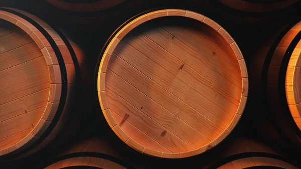 Vinho, uísque, rum, cerveja, barris para trás. Bebida alcoólica em barris de madeira, como vinho, conhaque, rum, conhaque, ilustração 3D — Fotografia de Stock