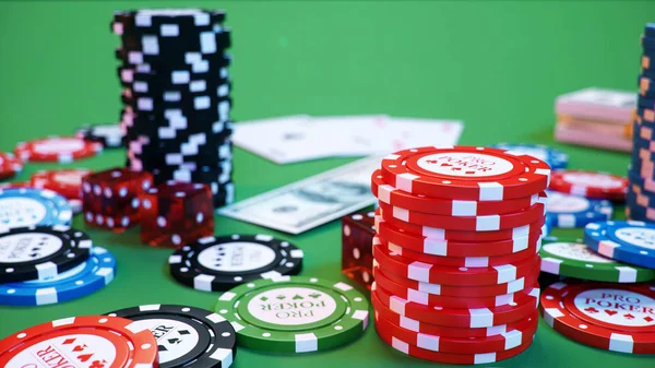 3D illustration casino game. Chips, playing cards for poker. Poker chips, red dice and money on green table. Online casino concept — Stock Photo, Image