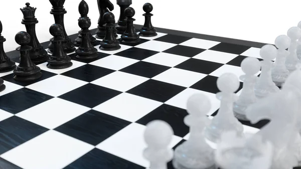 3D illustratie schaakspel aan boord. Bedrijfsideeën van concepten en ideeën van de strategie. Chess cijfers op witte achtergrond — Stockfoto