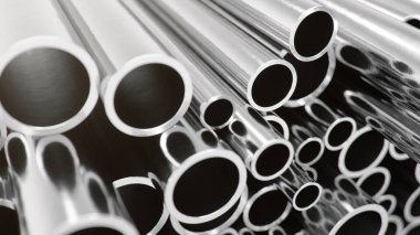 Sanayi iş üretim ve ağır Metalurji Sanayi ürünleri, çok parlak çelik borular, iş üretim kavramı, 3d çizim imalat sanayi arka plan