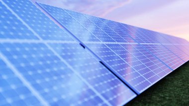 3D resimde güneş enerjisi üretimi teknolojisi. Alternatif enerji. Güneş pili paneli modüller güneş ışığı ile mavi gökyüzü ile doğal gün batımı ile