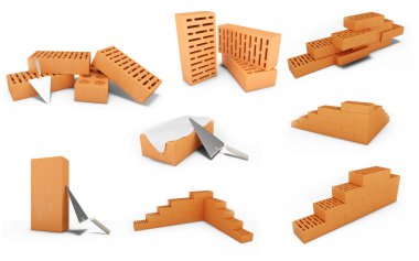 Beyaz arka plan üzerinde izole kırmızı tuğla kümesi. Hazır, grup, koleksiyon kırmızı tuğla bina için. Spatula ile çimento. Delikli, 3d illüstrasyon kırmızı tuğla