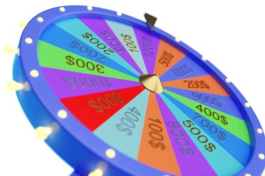 3D illüstrasyon renkli Çarkıfelek şans veya servet. Servet dönen tekerlekler, casino tekerlek rulet. Beyaz arka plan üzerinde tekerlek servet.