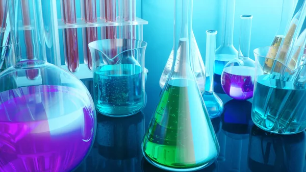Reacción química, frascos con diferentes cristalería de laboratorio y líquido para análisis. Laboratorio científico sobre fondo azul. Ilustración 3D —  Fotos de Stock