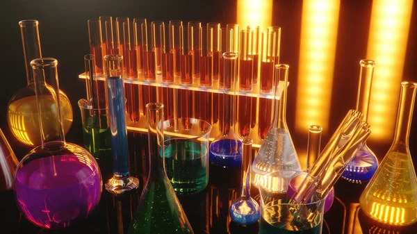 Chemical reaction, flasks with different laboratory glassware and liquid for analysis. Scientific laboratory on a yellow background, 3D illustration
