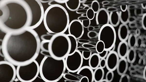 Producción comercial de la industria y productos industriales metalúrgicos pesados, muchas tuberías de acero brillantes, antecedentes industriales, concepto de producción comercial de fabricación, ilustración 3D —  Fotos de Stock