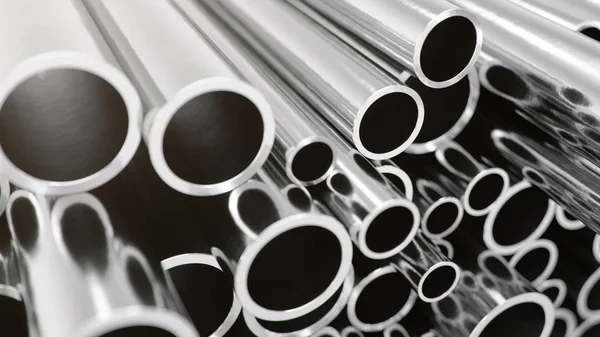 産業ビジネス生産と冶金の重工業製品、多くの光沢のある鋼管製造ビジネス生産コンセプト、3 d イラストレーション産業の背景 — ストック写真