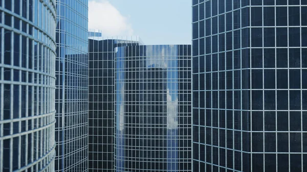 Front view of skyscrapers. Skyscrapers looking front view. Front view of modern skyscrapers in business district in daylight. Business concept of success, 3D illustration — Stock Photo, Image