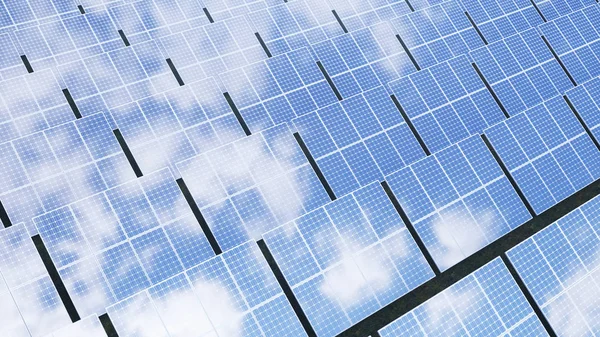 Ilustración 3D tecnología de generación de energía solar. Energía alternativa. Módulos de panel de batería solar con puesta de sol escénica con cielo azul con luz solar — Foto de Stock