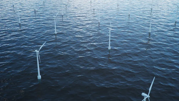 Λευκό ανεμογεννήτρια παράγει ηλεκτρική ενέργεια στη θάλασσα, στον ωκεανό. Καθαρή ενέργεια, αιολική ενέργεια, οικολογική αντίληψη, 3d απεικόνιση — Φωτογραφία Αρχείου