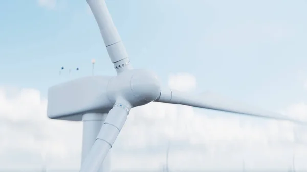Turbina eólica de grande plano que gera eletricidade no fundo do céu azul. Energia limpa, energia eólica, conceito ecológico, ilustração 3d — Fotografia de Stock