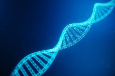 Dijital Dna molekülü, yapısı. Konsept dijital kod insan genom. DNA molekülünün değiştirilmiş genler ile. Parçacık, noktalar, 3d çizim oluşan Dna