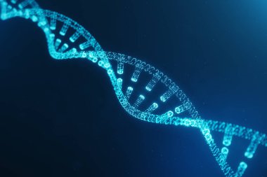 Dijital Dna molekülü, yapısı. Konsept dijital kod insan genom. DNA molekülünün değiştirilmiş genler ile. Parçacık, noktalar, 3d çizim oluşan Dna