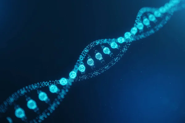 人工智能 Dna 分子。Dna 被转换为数字代码。数字代码基因组。抽象科技科学, 概念人工 Dna。Dna 包括微粒, 点, 3d 例证 — 图库照片