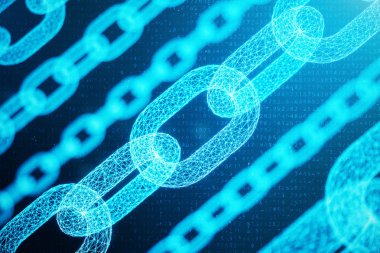 3D çizim dijital bloğu zinciri kodu. Zincir bağlantılar ağ. Mavi nokta ağ, arka plan parlayan üçgen düşük poligon kılavuz. Ağ, Internet iletişim kavramı.