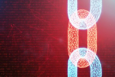 Blok zinciri kavramı, dijital bloğu zinciri teknoloji. Cryptocurrency, dijital kod kavramı. Kırmızı zincir bağlantılar ağ. Mavi nokta ağ, 3d illüstrasyon parlayan üçgen düşük poligon kılavuz