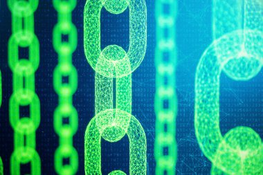 Blok zinciri kavramı, dijital bloğu zinciri teknoloji. Cryptocurrency, dijital kod kavramı. Zincir bağlantılar ağ. Mavi nokta ağ, 3d illüstrasyon parlayan üçgen düşük poligon kılavuz