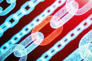 Blok zinciri kavramı, dijital bloğu zinciri teknoloji. Cryptocurrency, dijital kod kavramı. Kırmızı zincir bağlantılar ağ. Mavi nokta ağ, 3d illüstrasyon parlayan üçgen düşük poligon kılavuz