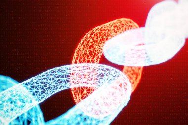 Blok zinciri kavramı, dijital bloğu zinciri teknoloji. Cryptocurrency, dijital kod kavramı. Kırmızı zincir bağlantılar ağ. Mavi nokta ağ, 3d illüstrasyon parlayan üçgen düşük poligon kılavuz