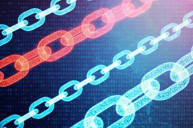 Blok zinciri kavramı, dijital bloğu zinciri teknoloji. Cryptocurrency, dijital kod kavramı. Kırmızı zincir bağlantılar ağ. Mavi nokta ağ, 3d illüstrasyon parlayan üçgen düşük poligon kılavuz