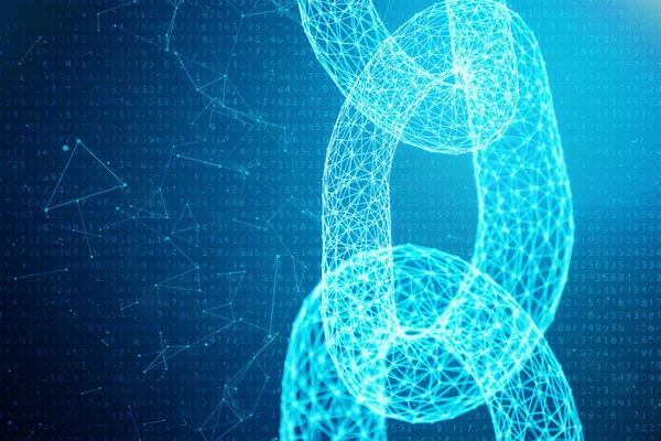 Blockchain-Konzept, digitale Blockchain-Technologie. Kryptowährung, Konzept des digitalen Codes. Kettenglieder-Netzwerk. niedriges polygonales Gitter aus Dreiecken, die in einem blauen Punktenetz glühen, 3D-Illustration — Stockfoto