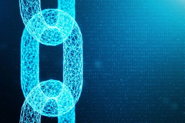 Block chain concept, digital block chain technology. Cryptocurrency, concept of digital code. Chain links network. Low polygonal grid of triangles glowing in blue dot network, 3D illustration