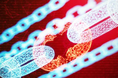 Bağlantısı kesilmiş, kırık zincir, dijital bloğu zinciri teknoloji. Cryptocurrency, dijital kod kavramı. Blok zinciri kavramı. Mavi nokta ağ, 3d illüstrasyon parlayan üçgen düşük poligon kılavuz