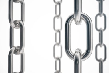 3D illüstrasyon metal zincirleri. Metal, beyaz arka planda izole çelik zincirler. Endüstriyel metal zincirler. Güçlü bağlantı kavramı. Düzen, şablon tasarım, metin için metal zincirleri arka plan.