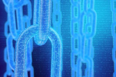3D illüstrasyon dijital Blockchain kodu. Zincir bağlantıları ağı. Arka planda ikili kod. Ağ kavramı, cryptocurrencies internet iletişimi. Zincirler üzerinde ikili kod. Yenilikçi teknolojiler