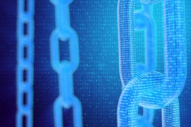 3D illüstrasyon dijital Blockchain kodu. Zincir bağlantıları ağı. Arka planda ikili kod. Ağ kavramı, cryptocurrencies internet iletişimi. Zincirler üzerinde ikili kod. Yenilikçi teknolojiler