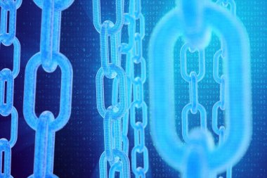 3D illüstrasyon dijital Blockchain kodu. Zincir bağlantıları ağı. Arka planda ikili kod. Ağ kavramı, cryptocurrencies internet iletişimi. Zincirler üzerinde ikili kod. Yenilikçi teknolojiler