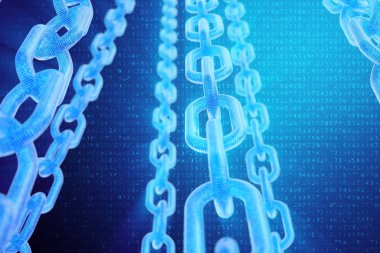 3D illüstrasyon dijital Blockchain kodu. Zincir bağlantıları ağı. Arka planda ikili kod. Ağ kavramı, cryptocurrencies internet iletişimi. Zincirler üzerinde ikili kod. Yenilikçi teknolojiler