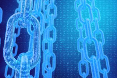 3D illüstrasyon dijital Blockchain kodu. Zincir bağlantıları ağı. Arka planda ikili kod. Ağ kavramı, cryptocurrencies internet iletişimi. Zincirler üzerinde ikili kod. Yenilikçi teknolojiler