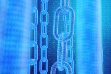 3D illüstrasyon dijital Blockchain kodu. Zincir bağlantıları ağı. Arka planda ikili kod. Ağ kavramı, cryptocurrencies internet iletişimi. Zincirler üzerinde ikili kod. Yenilikçi teknolojiler
