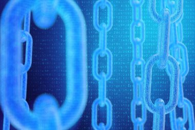 3D illüstrasyon dijital Blockchain kodu. Zincir bağlantıları ağı. Arka planda ikili kod. Ağ kavramı, cryptocurrencies internet iletişimi. Zincirler üzerinde ikili kod. Yenilikçi teknolojiler