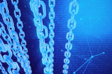 3D illüstrasyon dijital Blockchain kodu. Zincir bağlantıları ağı. Arka planda ikili kod. Ağ kavramı, cryptocurrencies internet iletişimi. Zincirler üzerinde ikili kod. Yenilikçi teknolojiler