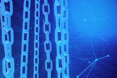 3D illüstrasyon dijital Blockchain kodu. Zincir bağlantıları ağı. Arka planda ikili kod. Ağ kavramı, cryptocurrencies internet iletişimi. Zincirler üzerinde ikili kod. Yenilikçi teknolojiler