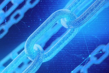 3D illüstrasyon dijital Blockchain kodu. Zincir bağlantıları ağı. Arka planda ikili kod. Ağ kavramı, cryptocurrencies internet iletişimi. Zincirler üzerinde ikili kod. Yenilikçi teknolojiler
