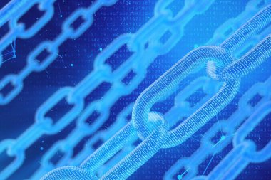 3D illüstrasyon dijital Blockchain kodu. Zincir bağlantıları ağı. Arka planda ikili kod. Ağ kavramı, cryptocurrencies internet iletişimi. Zincirler üzerinde ikili kod. Yenilikçi teknolojiler