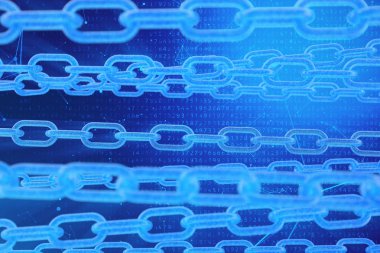 3D illüstrasyon dijital Blockchain kodu. Zincir bağlantıları ağı. Arka planda ikili kod. Ağ kavramı, cryptocurrencies internet iletişimi. Zincirler üzerinde ikili kod. Yenilikçi teknolojiler