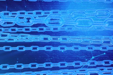 3D illüstrasyon dijital Blockchain kodu. Zincir bağlantıları ağı. Arka planda ikili kod. Ağ kavramı, cryptocurrencies internet iletişimi. Zincirler üzerinde ikili kod. Yenilikçi teknolojiler