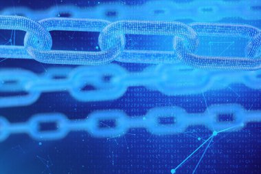 3D illüstrasyon dijital Blockchain kodu. Zincir bağlantıları ağı. Arka planda ikili kod. Ağ kavramı, cryptocurrencies internet iletişimi. Zincirler üzerinde ikili kod. Yenilikçi teknolojiler