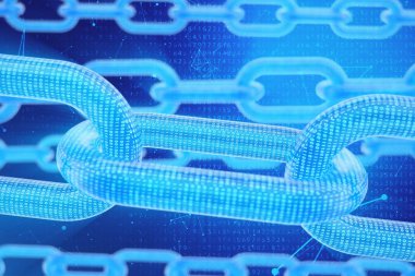 3D illüstrasyon dijital Blockchain kodu. Zincir bağlantıları ağı. Arka planda ikili kod. Ağ kavramı, cryptocurrencies internet iletişimi. Zincirler üzerinde ikili kod. Yenilikçi teknolojiler
