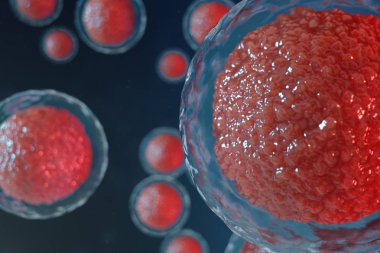 3D illüstrasyon yumurta hücreleri embriyo. Merkezinde kırmızı çekirdeği olan embriyo hücreleri. İnsan veya hayvan yumurta hücreleri. Tıp bilimsel kavramı. Mikroskop altında hücresel düzeyde kalkınma yaşayan organizma.