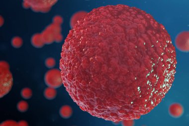 3D illüstrasyon yumurta hücreleri embriyo. Merkezinde kırmızı çekirdeği olan embriyo hücreleri. İnsan veya hayvan yumurta hücreleri. Tıp bilimsel kavramı. Mikroskop altında hücresel düzeyde kalkınma yaşayan organizma.