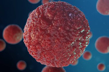 3D illüstrasyon yumurta hücreleri embriyo. Merkezinde kırmızı çekirdeği olan embriyo hücreleri. İnsan veya hayvan yumurta hücreleri. Tıp bilimsel kavramı. Mikroskop altında hücresel düzeyde kalkınma yaşayan organizma.