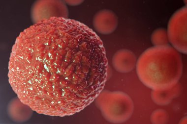 3D illüstrasyon yumurta hücreleri embriyo. Merkezinde kırmızı çekirdeği olan embriyo hücreleri. İnsan veya hayvan yumurta hücreleri. Tıp bilimsel kavramı. Mikroskop altında hücresel düzeyde kalkınma yaşayan organizma.