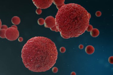 3D illüstrasyon yumurta hücreleri embriyo. Merkezinde kırmızı çekirdeği olan embriyo hücreleri. İnsan veya hayvan yumurta hücreleri. Tıp bilimsel kavramı. Mikroskop altında hücresel düzeyde kalkınma yaşayan organizma.